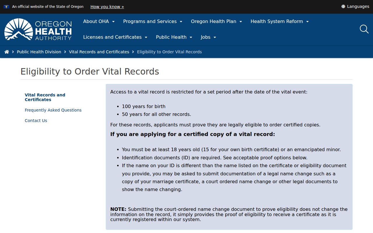 Corvallis resident lookup Oregon vital records eligibility information